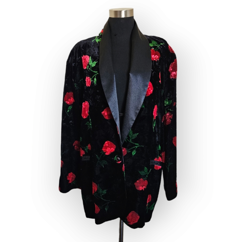 Felicity Barbara Lesser Blazer Black Velvet Rose Print Size L Vintage